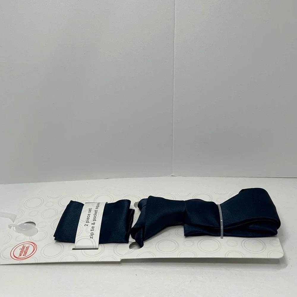 Wonder‎ Nation Boys Navy Blue Zip Tie and Pocket Square 2 Piece Set NEW Dress